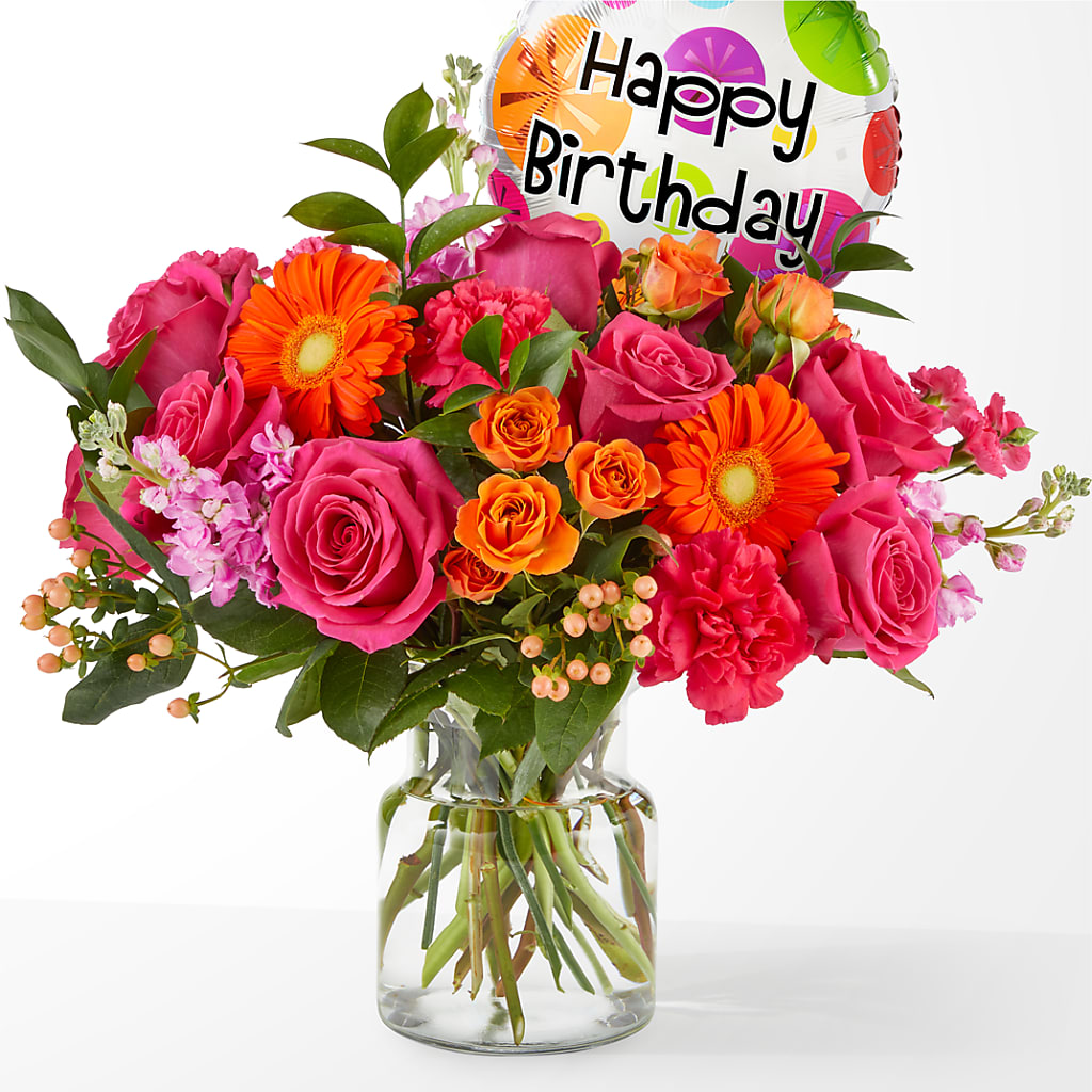 Fiesta Bouquet with Birthday Balloon – Mt Scott Flowers, Happy Valley OR