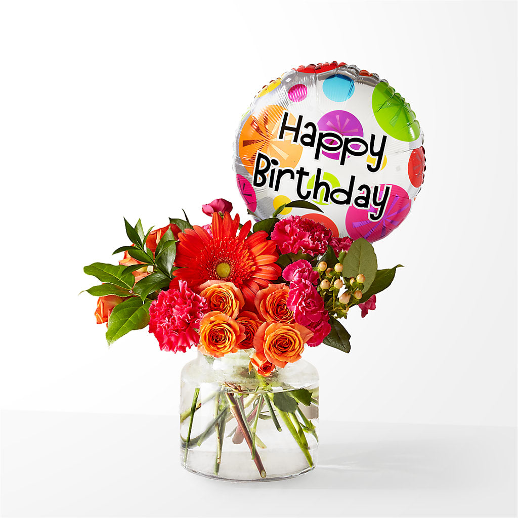 Fiesta Bouquet with Birthday Balloon – Mt Scott Flowers, Happy Valley OR