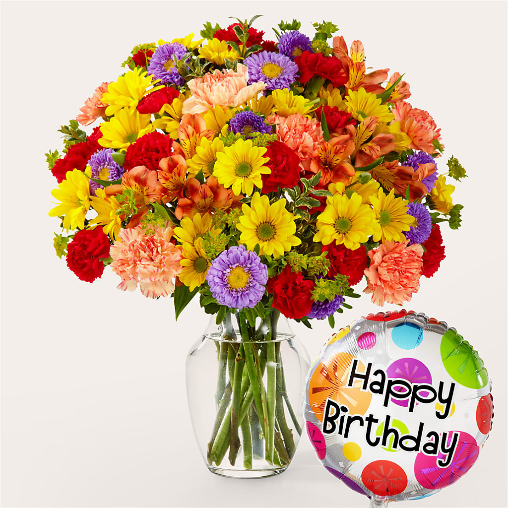 Kaleidoscope Bouquet with Birthday Balloon – Mt Scott Flowers, Happy Valley OR