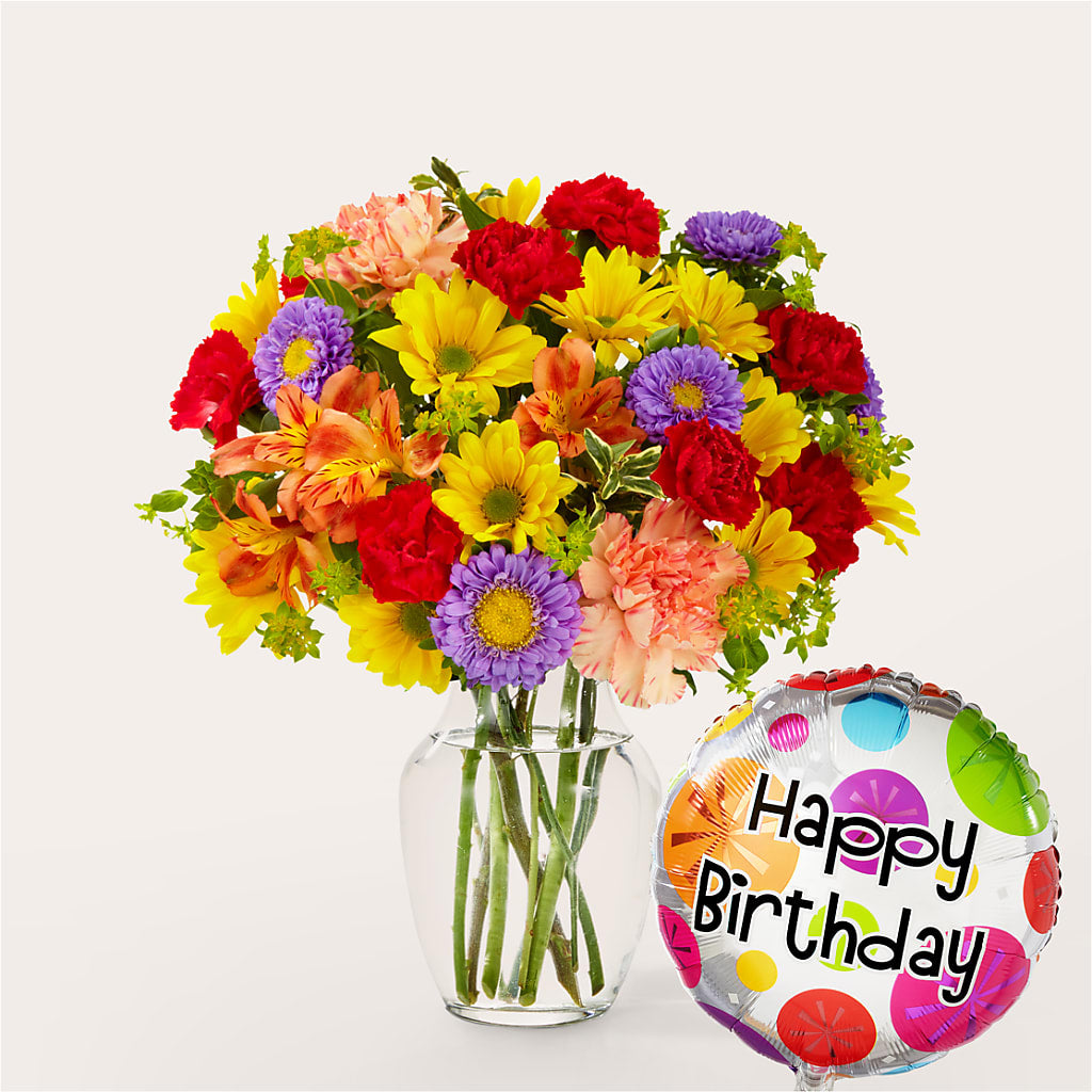 Kaleidoscope Bouquet with Birthday Balloon – Mt Scott Flowers, Happy Valley OR