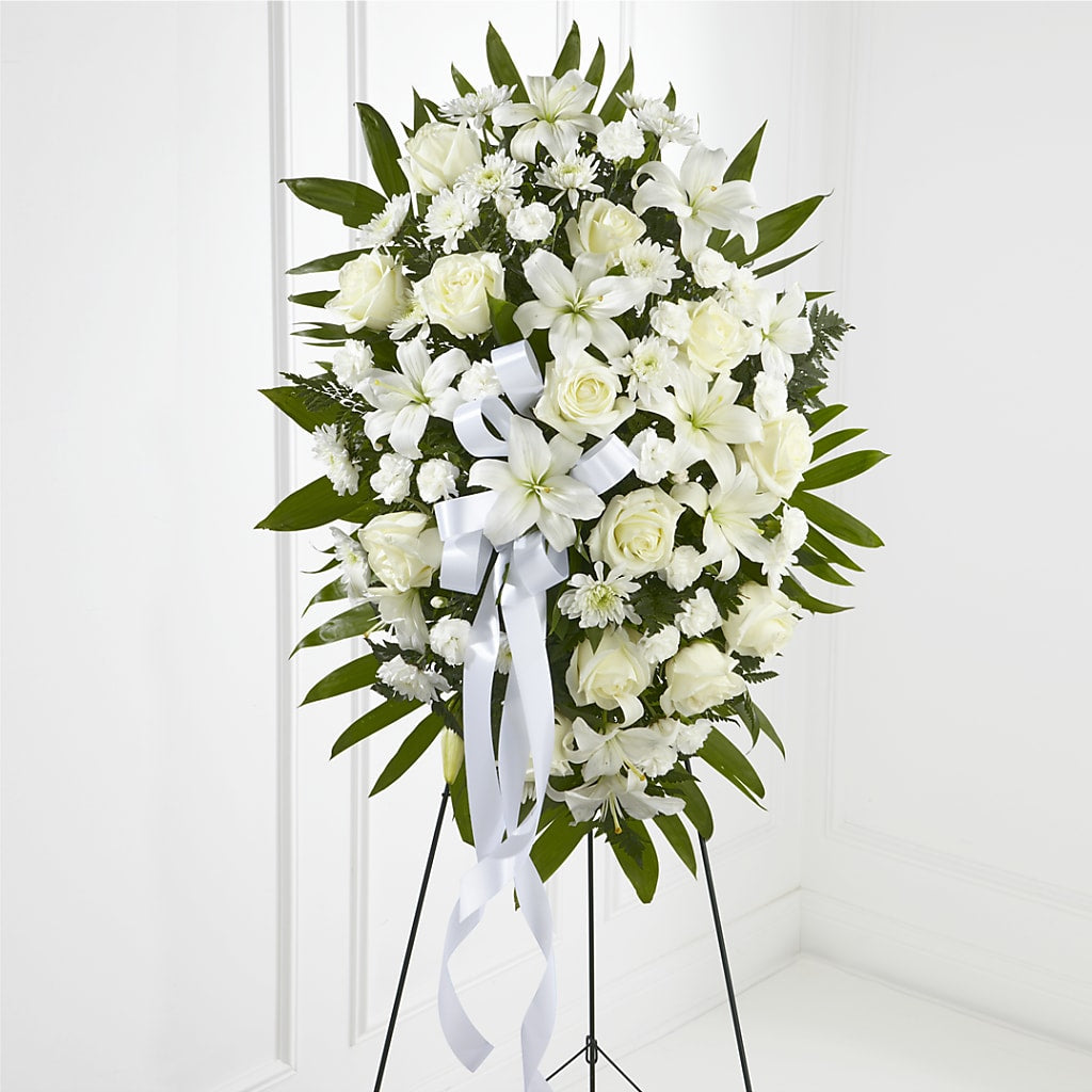 Exquisite Tribute Standing Spray-White Ribbon – Mt Scott Flowers, Happy Valley OR